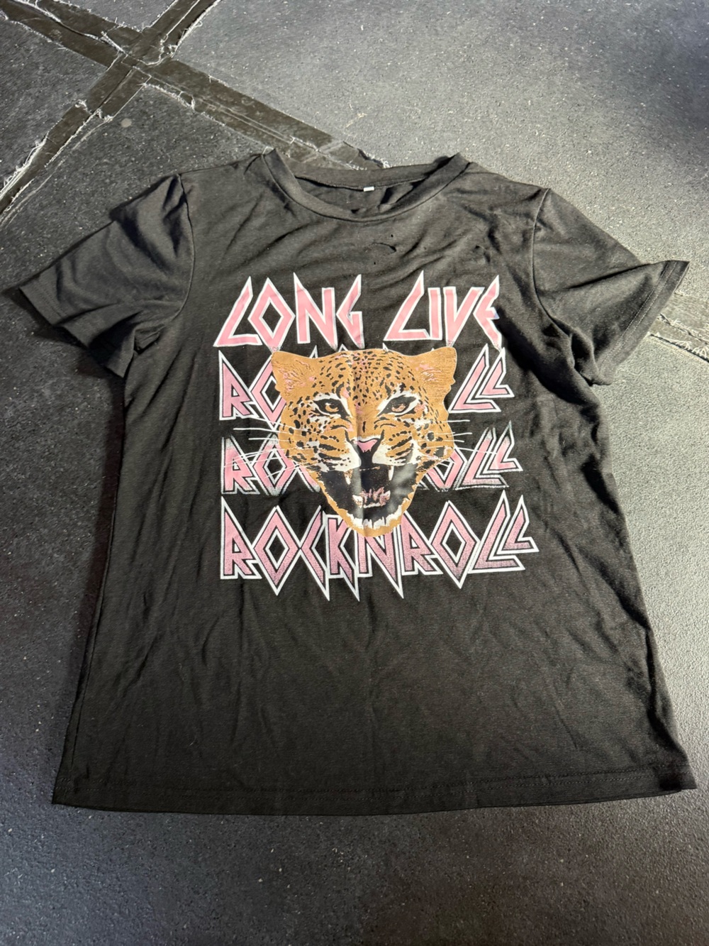 Black Graphic Tee with Leopard Face and Pink Lettering